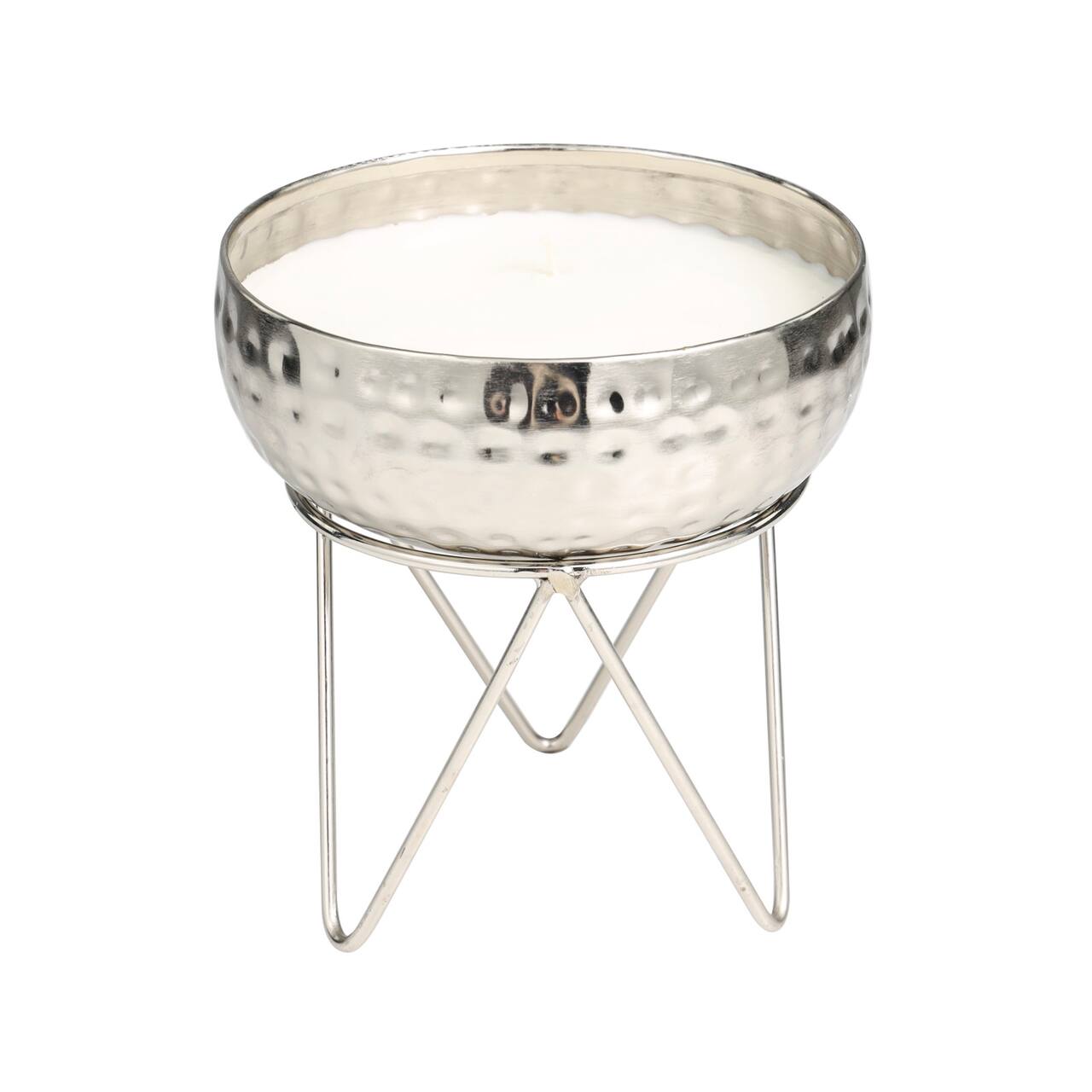 White Wax Campfire Scented Candle with Hammered Silver Container and Tripod Stand